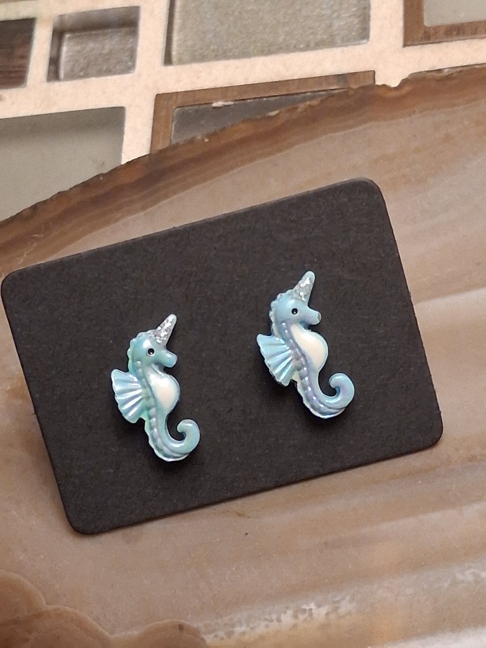 Blue Iridescent Seahorse Stud Earrings